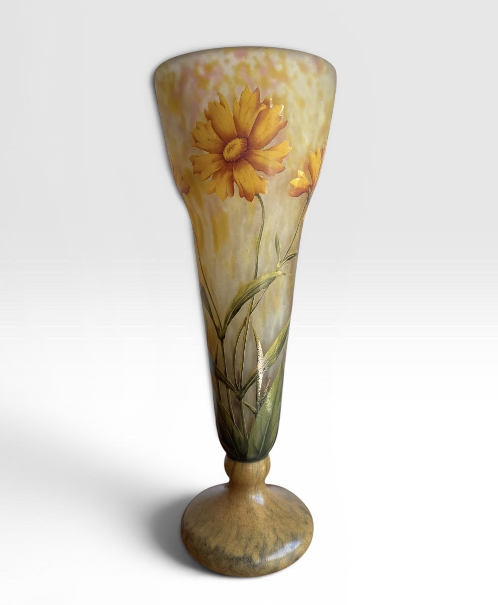 Daum Nancy - Engraved And Enamelled Vase With Coréopsis Flowers