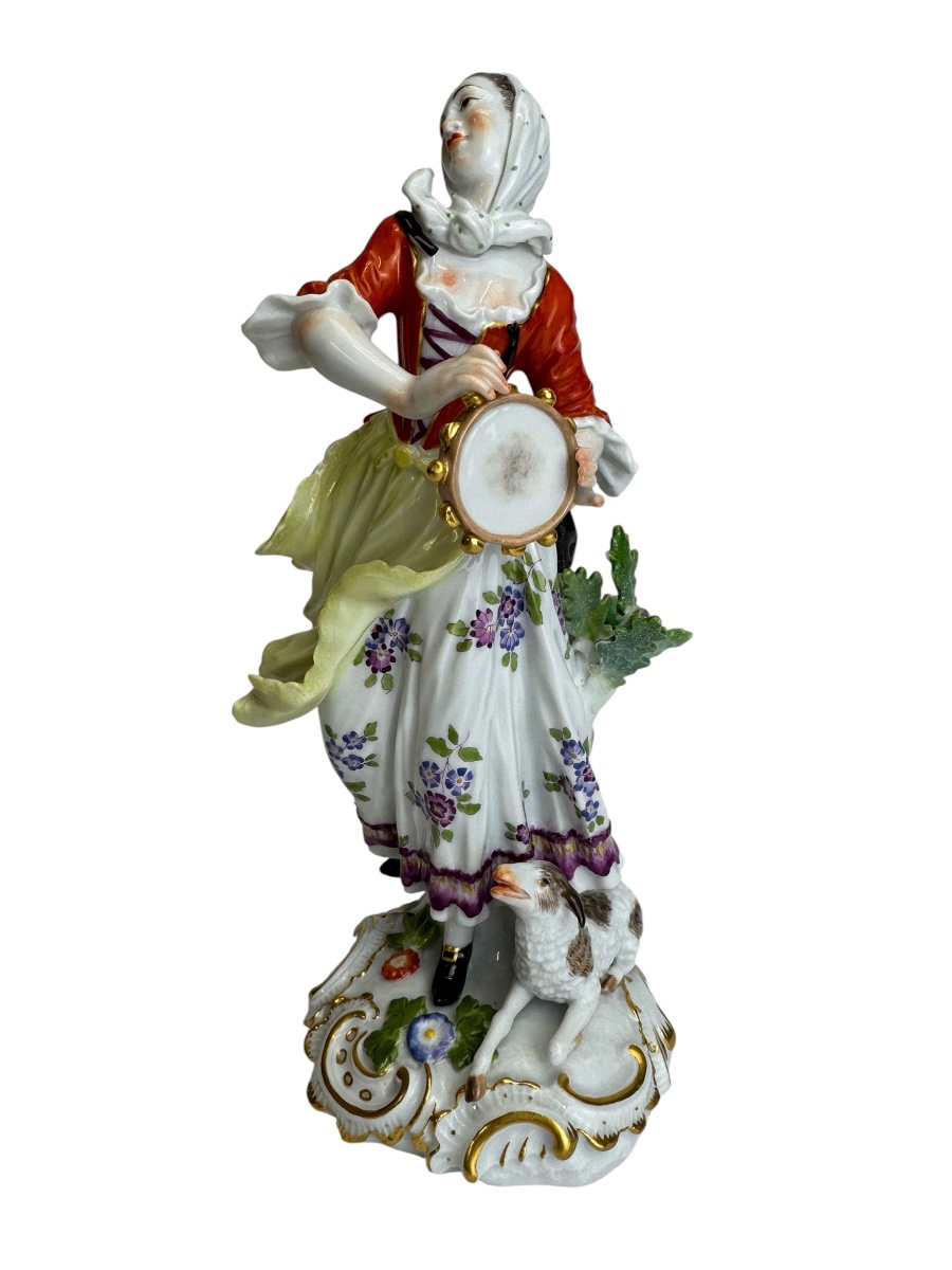 Meissen - Porcelain Figure Of A Shepherdess With Tambourine