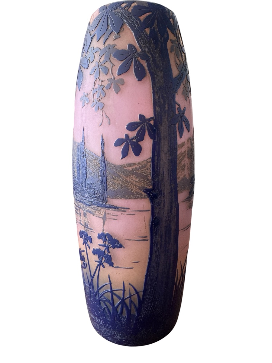 De Vez - Vase en camée  à décor de paysage lacustre.-photo-3