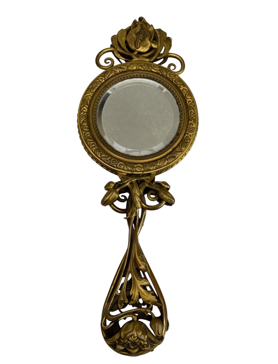 Art Nouveau Hand Mirror In Gilded Bronze, Decorated With Miniature Painting-photo-2