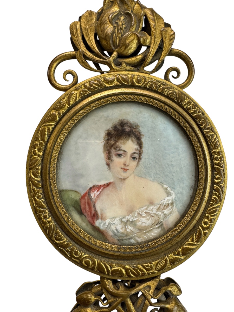 Art Nouveau Hand Mirror In Gilded Bronze, Decorated With Miniature Painting-photo-3