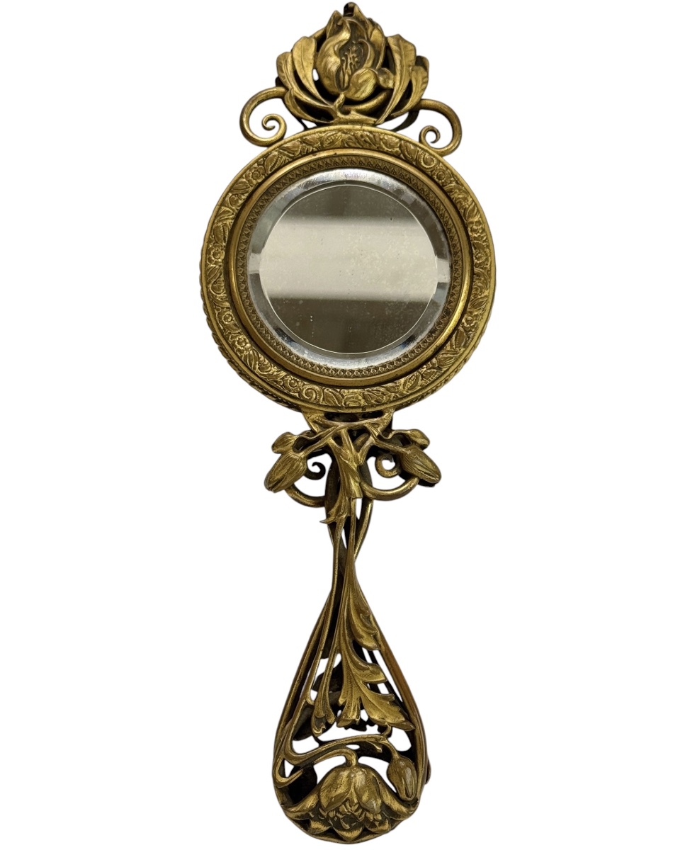 Art Nouveau Hand Mirror In Gilded Bronze, Decorated With Miniature Painting-photo-2