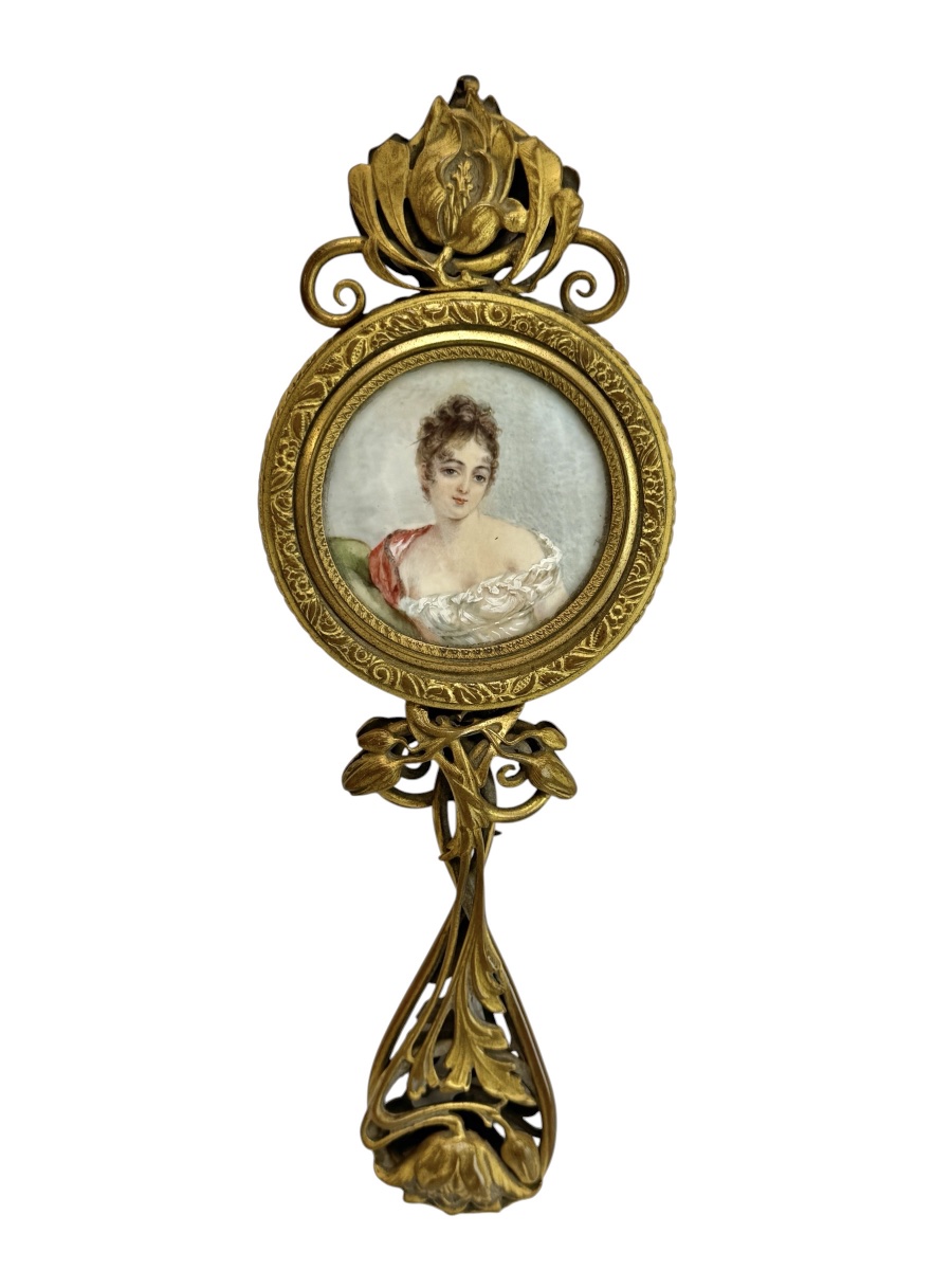 Art Nouveau Hand Mirror In Gilded Bronze, Decorated With Miniature Painting