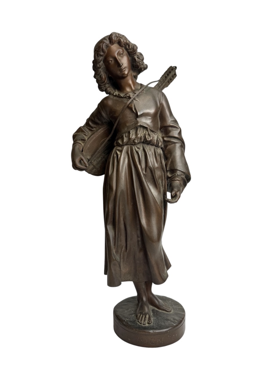 Alexandre Falguière, Bronze Sculpture “the Boy With The Mandolin”