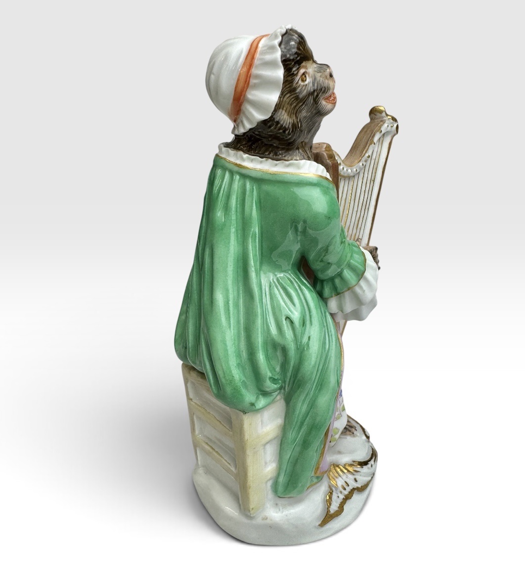 Meissen - Porcelain Figurine Of A Harp-playing Monkey From The "monkey Orchestra" Series -photo-2