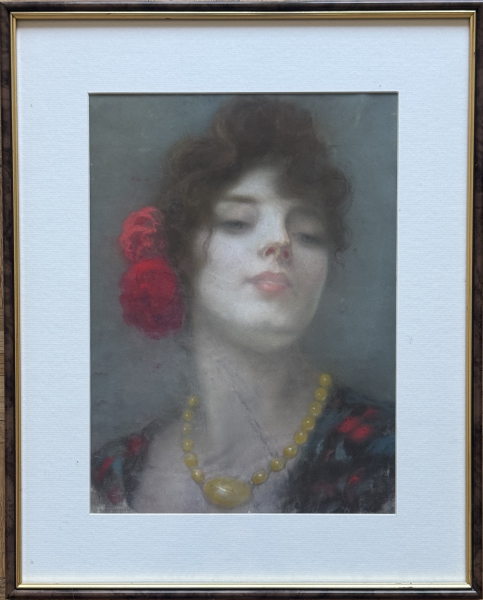École française, pastel - Portrait de femme à la fleur rouge-photo-4