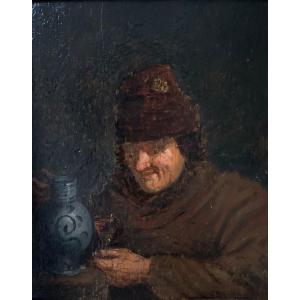 Flemish School Of The XVIIth Monk With A Pitcher Of Wine