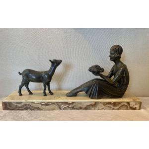 D.h Chiparus Sculpture Art Déco Femme Avec Une Chèvre  