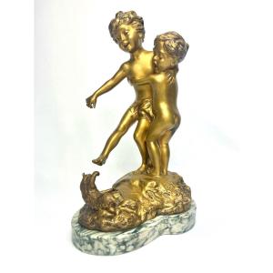 Lemoine - Bronze Sculpture  « kids Playing With A Cat »