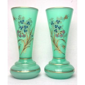 Pair Of Baccarat Opaline Vases Green Ouraline 