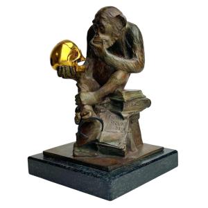 Wolfgang Hugo Rheinhold Sculpture En Bronze  Singe Avec Crâne