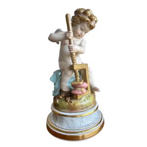 Meissen, Porcelain Figure "cupid, Glues Two Hearts Together"