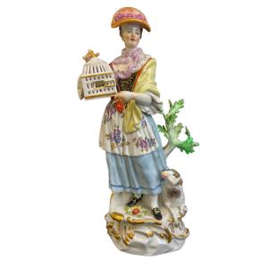 Meissen - Porcelain Shepherdess Figure With Birdcage