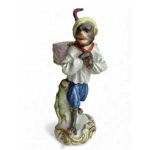 Meissen - Porcelain Figurine Of A Drumming Monkey From The Monkey Orchestra Series