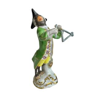 Meissen - Porcelain Figure Of A Monkey With A Triangle From The Series "the Monkey Orchestra"