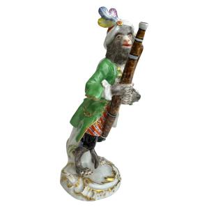 Meissen - Porcelain Figure Of A Bassoon-playing Monkey From The Monkey Orchestra Series