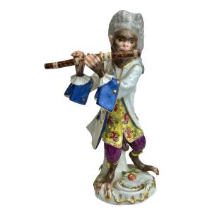 Meissen - Porcelain Figure Of A Flautist Monkey From The Monkey Orchestra Series