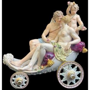 Meissen - Porcelain Group Flora And Zephyr In A Chariot. 