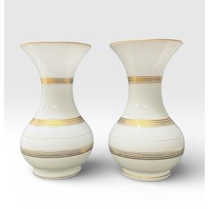 Baccarat, Pair Of White Opaline Vases With Gold Motifs