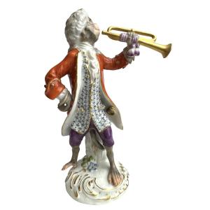 Meissen - Porcelain Figurine Of A Monkey Playing The Trumpet From The 