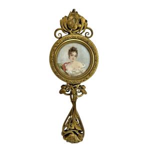 Art Nouveau Hand Mirror In Gilded Bronze, Decorated With Miniature Painting