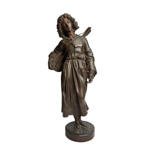 Alexandre Falguière, Bronze Sculpture “the Boy With The Mandolin”