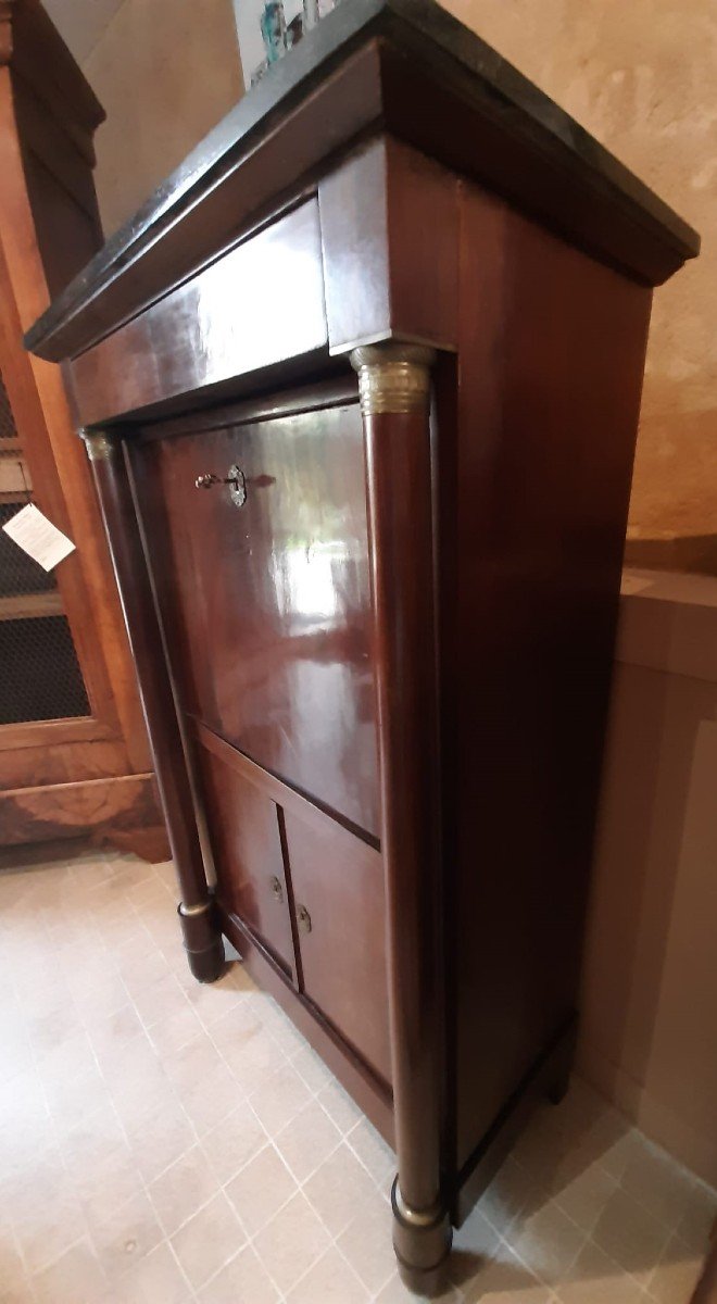 Empire Period Secretary, Fruitwood And Gilt Bronze, Veined Marble Top, 19th Century-photo-3