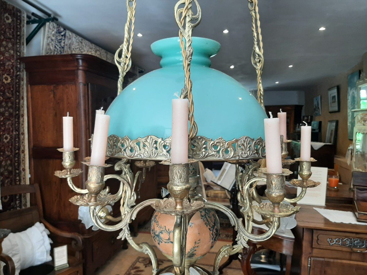 Matador Oil Suspension Chandelier And Candles In Bronze And Opaline Napoleon III - 19th Century-photo-3