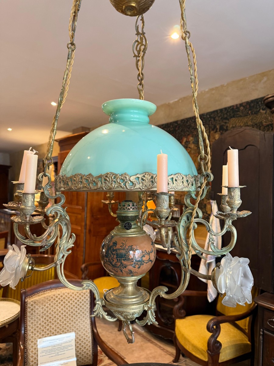 Matador Oil Suspension Chandelier And Candles In Bronze And Opaline Napoleon III - 19th Century-photo-1