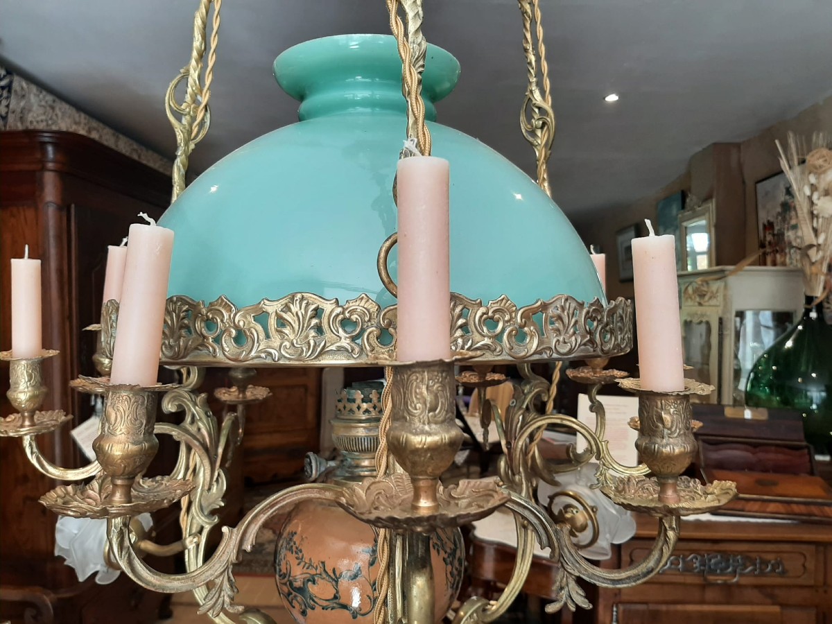 Matador Oil Suspension Chandelier And Candles In Bronze And Opaline Napoleon III - 19th Century