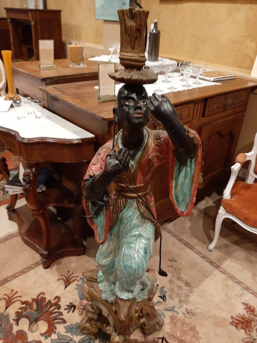 Nubian Servant, Painted And Gilded Wood Sculpture, Venice Early 19th Century-photo-3