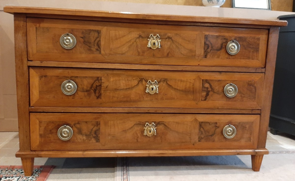 Very Beautiful Louis XVI Style Chest Of Drawers In Burl Walnut And Cherry Wood - Late 18th Century Period-photo-6
