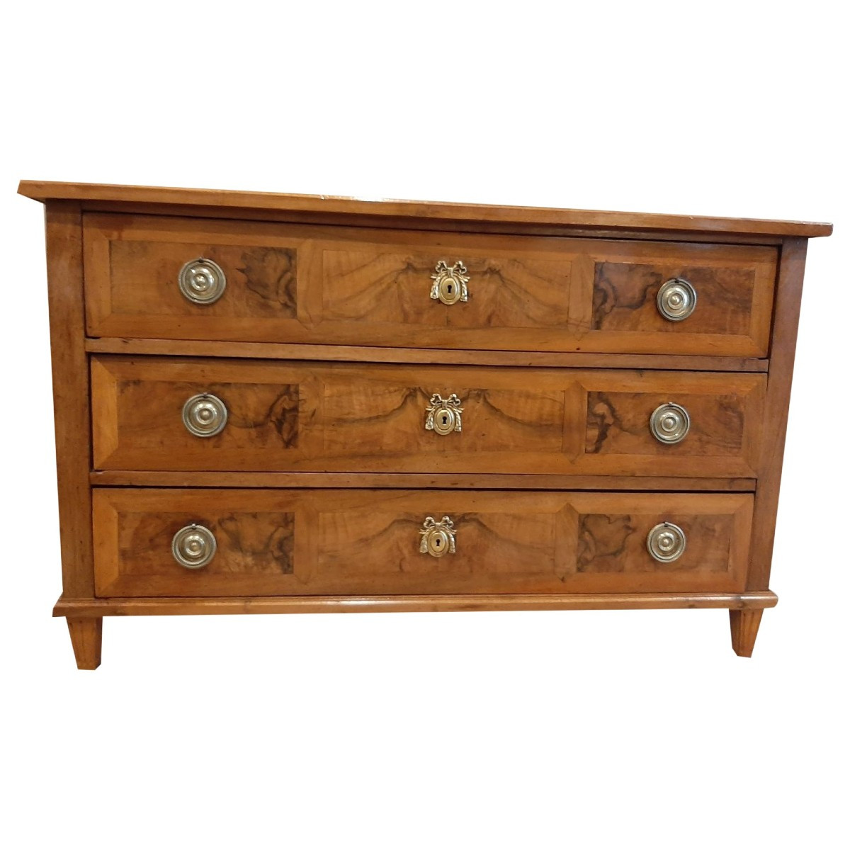 Very Beautiful Louis XVI Style Chest Of Drawers In Burl Walnut And Cherry Wood - Late 18th Century Period