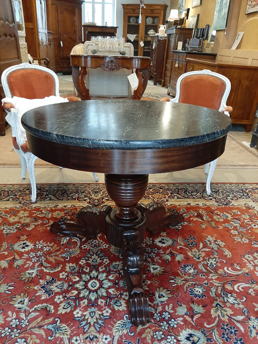 Charles X Restoration Pedestal Table In Mahogany And Marble, 19th Century