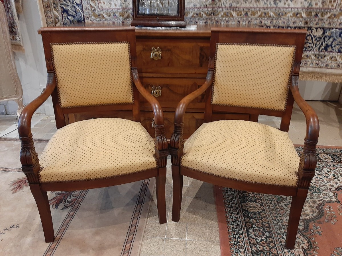 Paire De Fauteuils Têtes De Dauphin En Acajou Blond -  Début XIXème