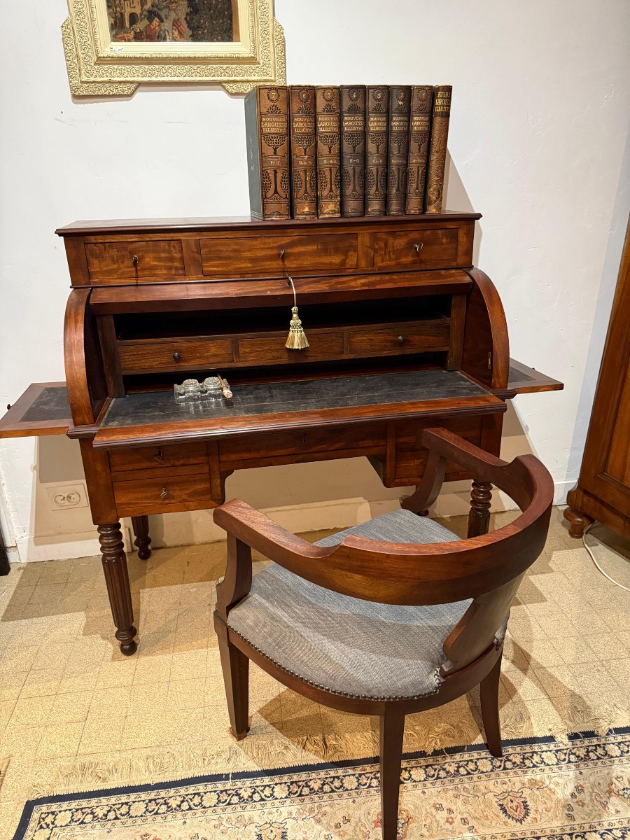 Bureau à Cylindre  En Plume d'Acajou- Style Directoire - Milieu XIXème Siècle -photo-2