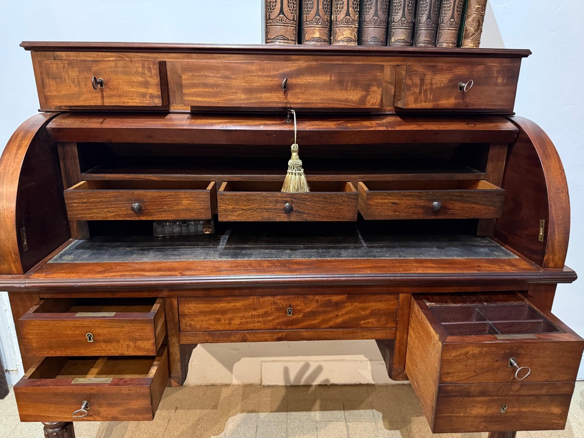 Bureau à Cylindre  En Plume d'Acajou- Style Directoire - Milieu XIXème Siècle -photo-3