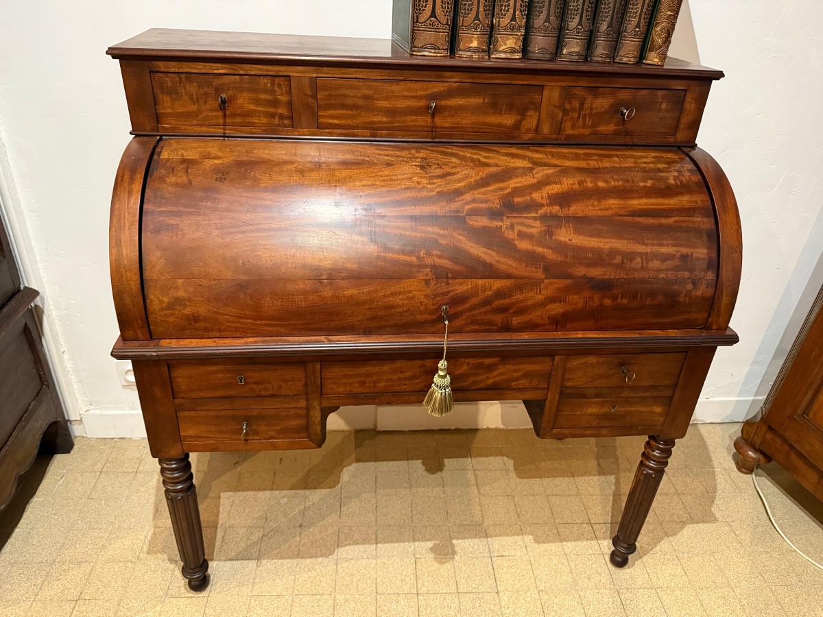 Bureau à Cylindre  En Plume d'Acajou- Style Directoire - Milieu XIXème Siècle -photo-4