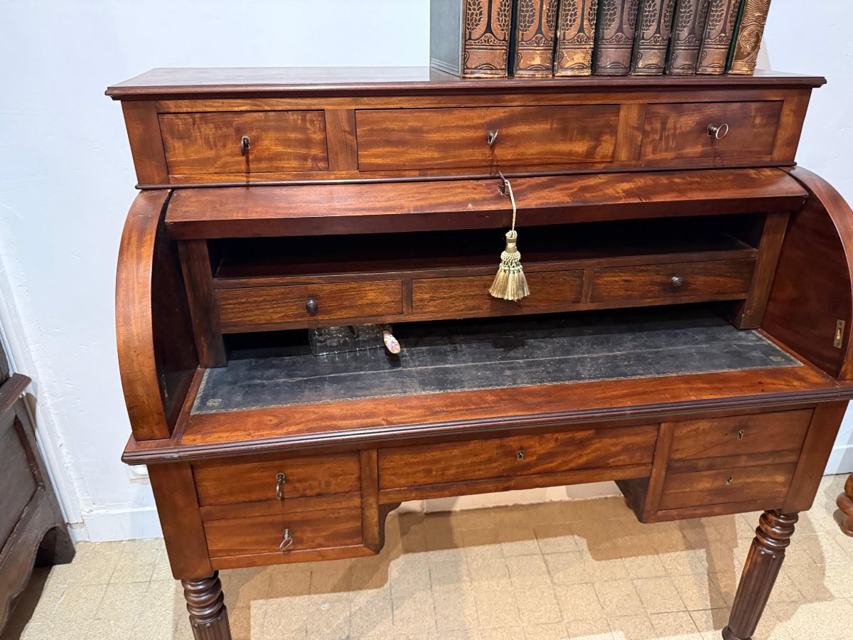 Bureau à Cylindre  En Plume d'Acajou- Style Directoire - Milieu XIXème Siècle -photo-5