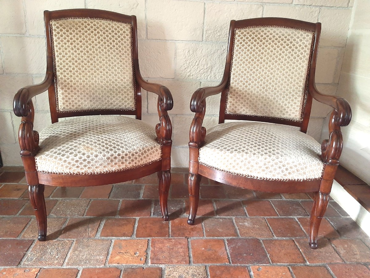Paire De Fauteuils Acajou à Crosse - Epoque Restauration - XIXème