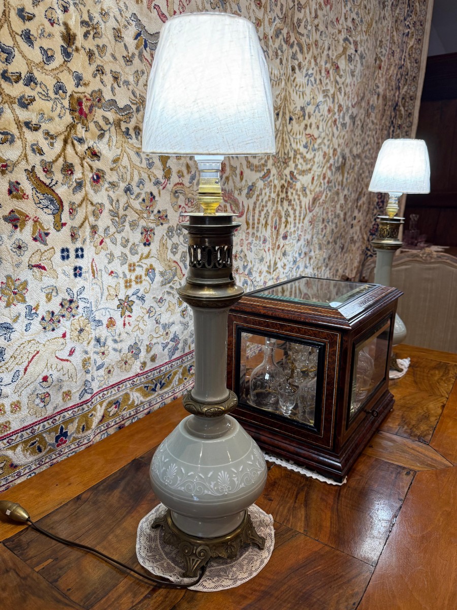 Rare Paire de Lampes à Pétrole Céladon - Napoléon III-photo-4