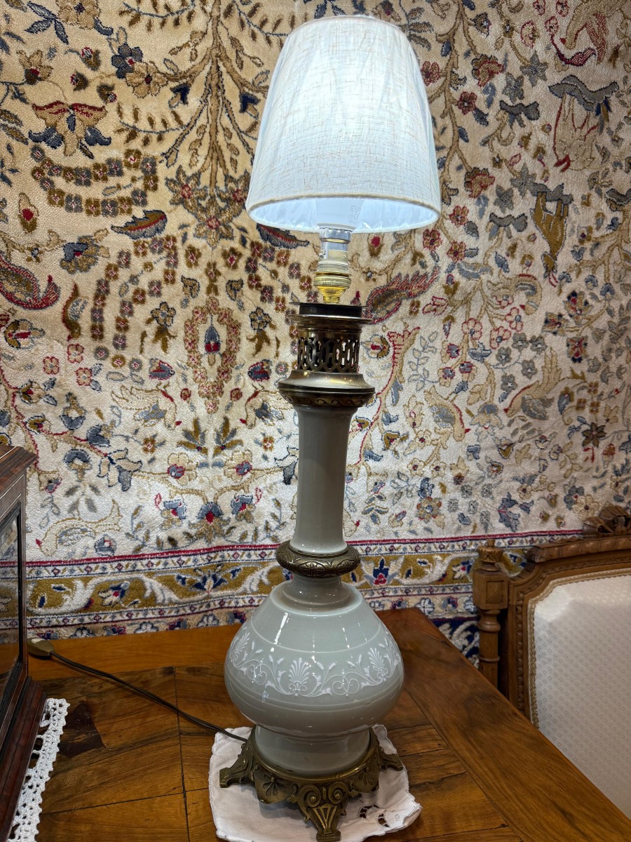 Rare Paire de Lampes à Pétrole Céladon - Napoléon III-photo-3