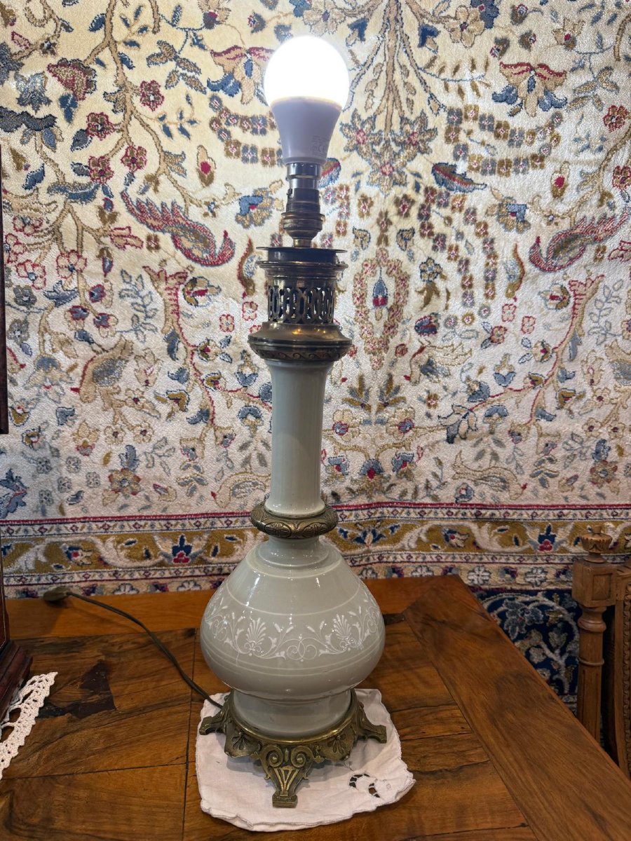 Rare Paire de Lampes à Pétrole Céladon - Napoléon III-photo-2