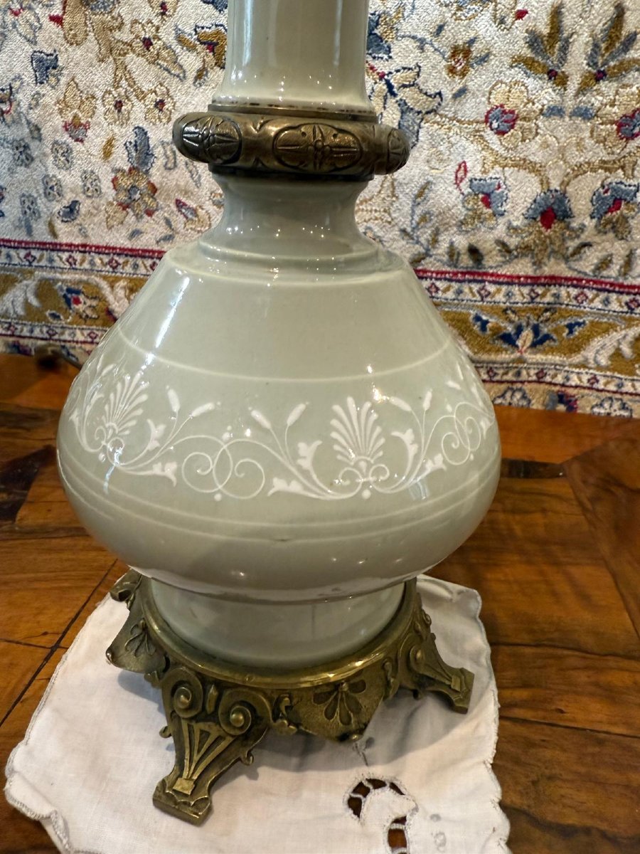 Rare Paire de Lampes à Pétrole Céladon - Napoléon III-photo-3