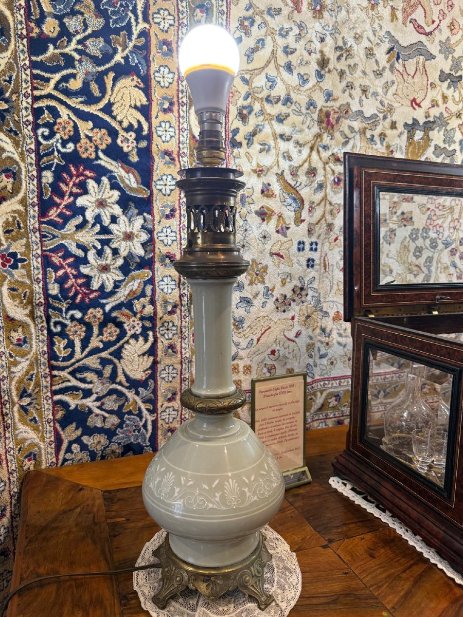 Rare Paire de Lampes à Pétrole Céladon - Napoléon III-photo-4