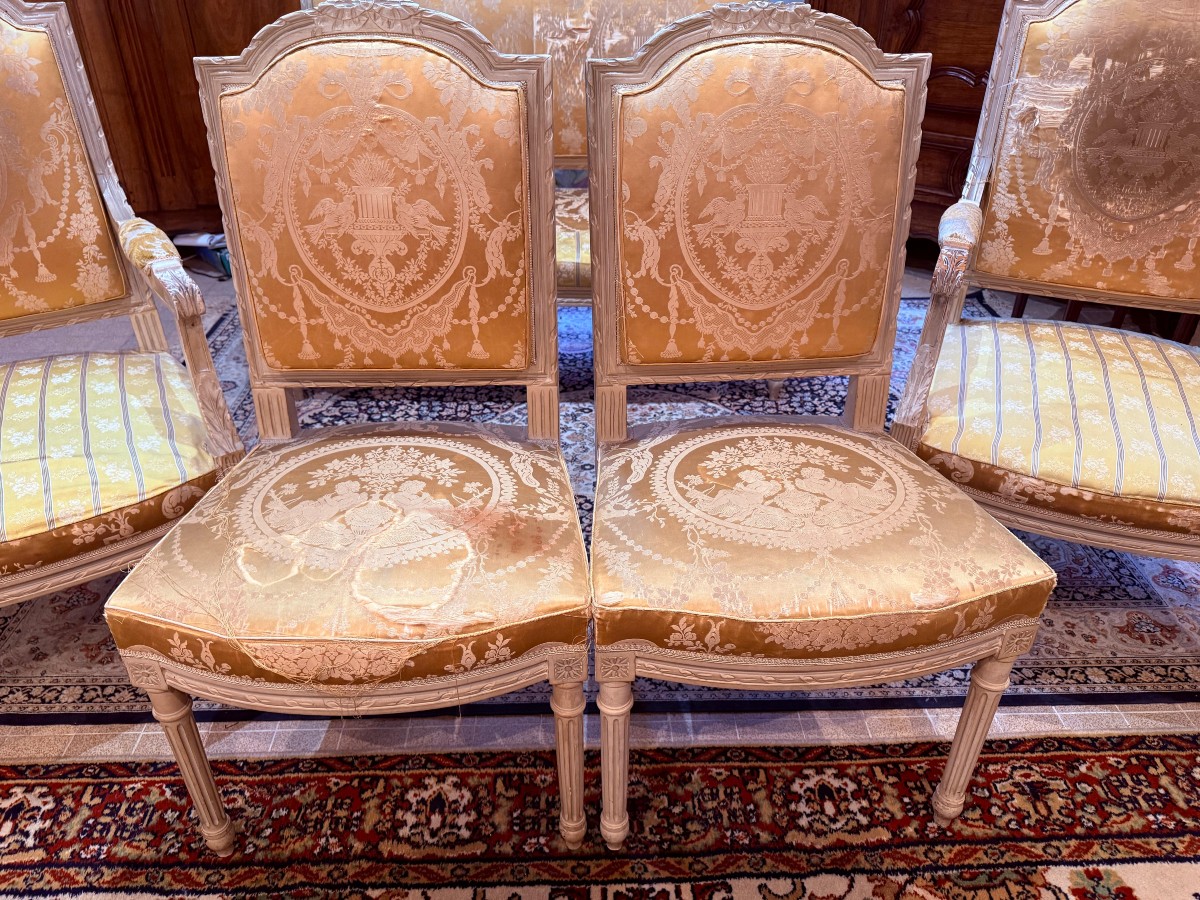 Louis XVI Style Living Room Furniture In Lacquered Beechwood: Bench, Armchairs And Chairs - 19th Century-photo-2