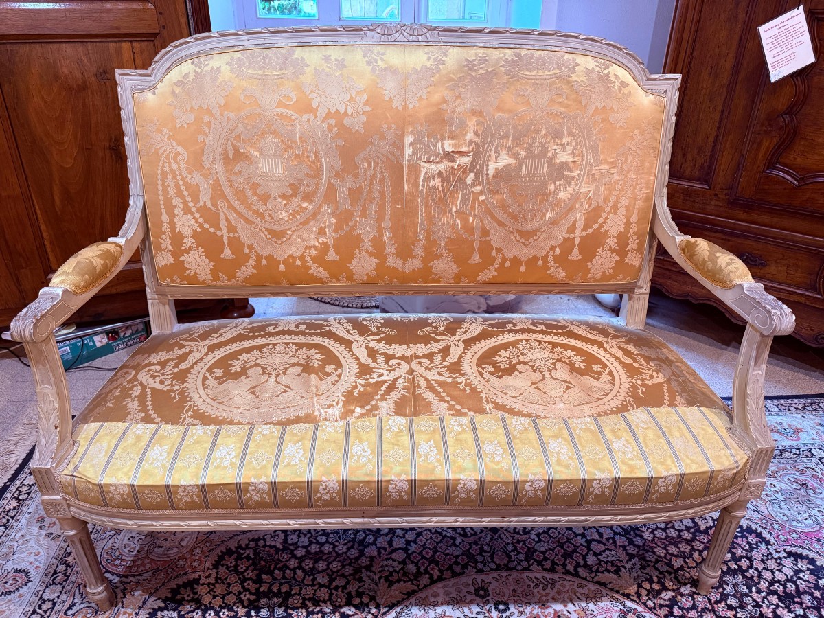 Louis XVI Style Living Room Furniture In Lacquered Beechwood: Bench, Armchairs And Chairs - 19th Century-photo-3