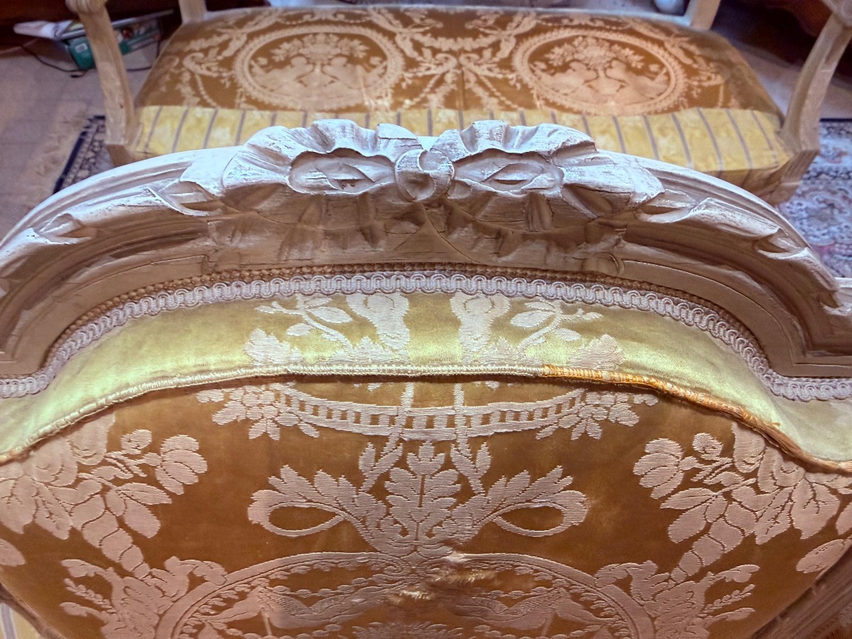 Louis XVI Style Living Room Furniture In Lacquered Beechwood: Bench, Armchairs And Chairs - 19th Century-photo-4