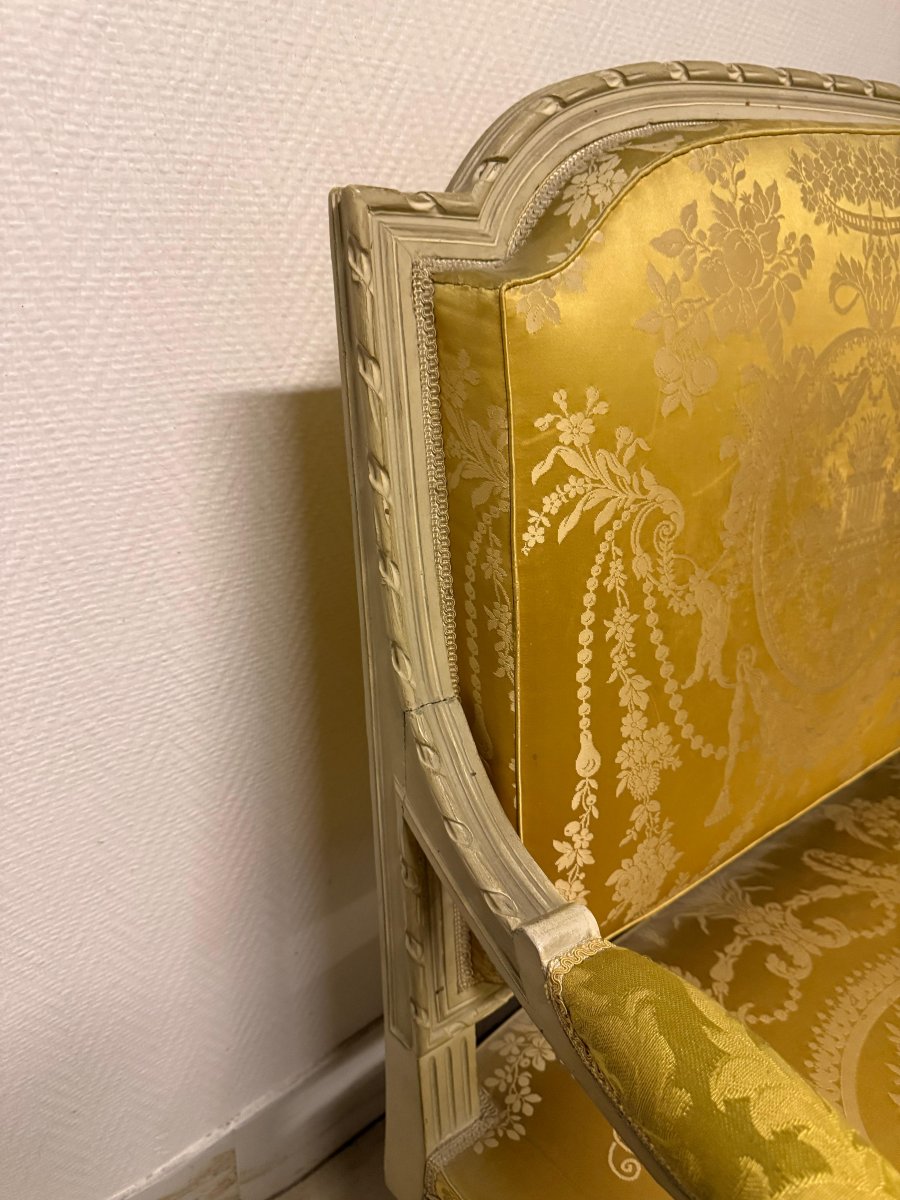 Louis XVI Style Living Room Furniture In Lacquered Beechwood: Bench, Armchairs And Chairs - 19th Century-photo-5