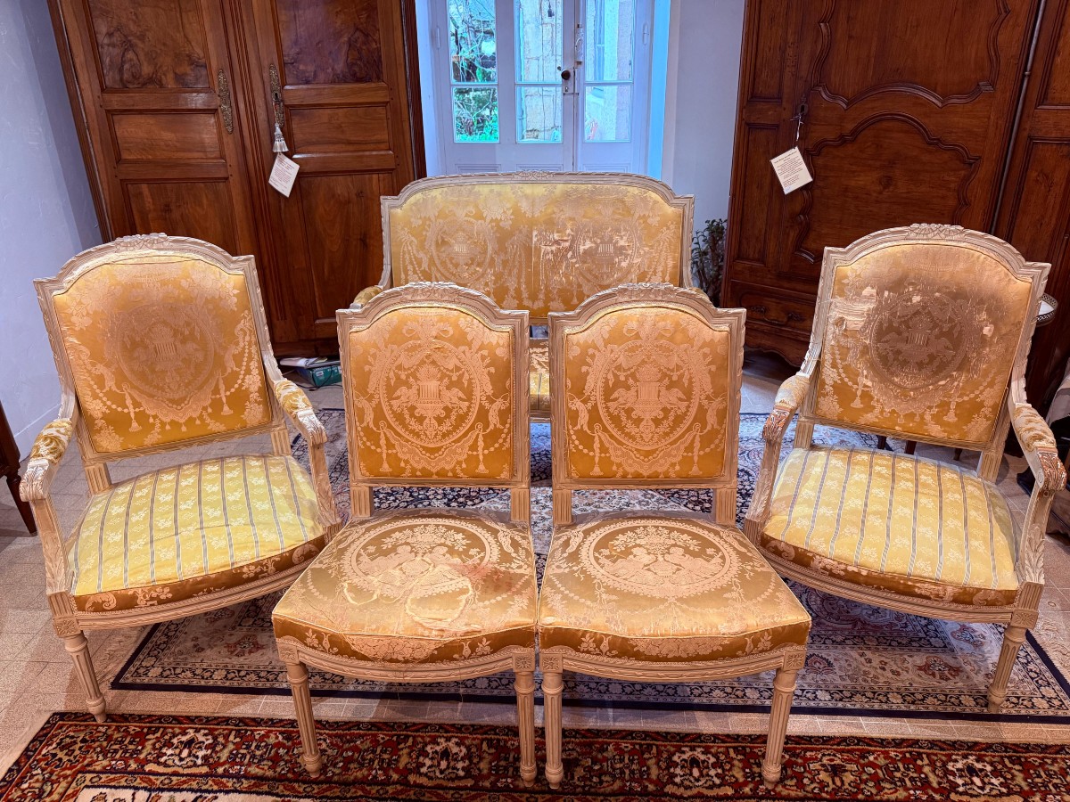 Louis XVI Style Living Room Furniture In Lacquered Beechwood: Bench, Armchairs And Chairs - 19th Century
